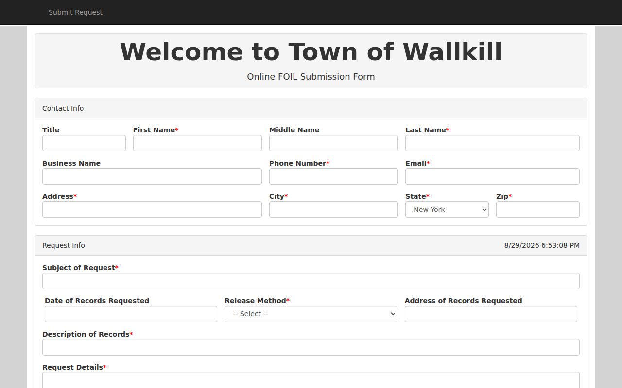 Town of Wallkill residents directory FOIL request form