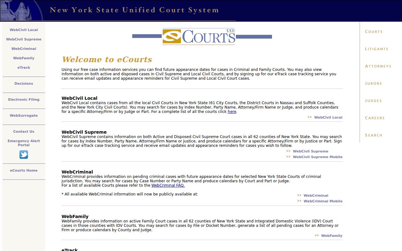 Town of Wallkill Resident Lookup New York eCourts entry screen